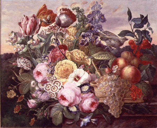 Stilleven met bloemen en druiven, 1880 door Joseph Goblet