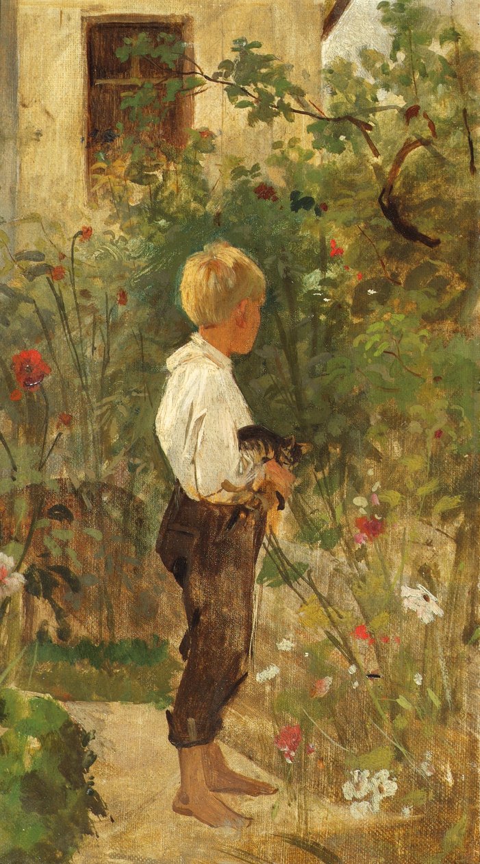 Jongen met kat in de tuin door Joseph Hasslwander