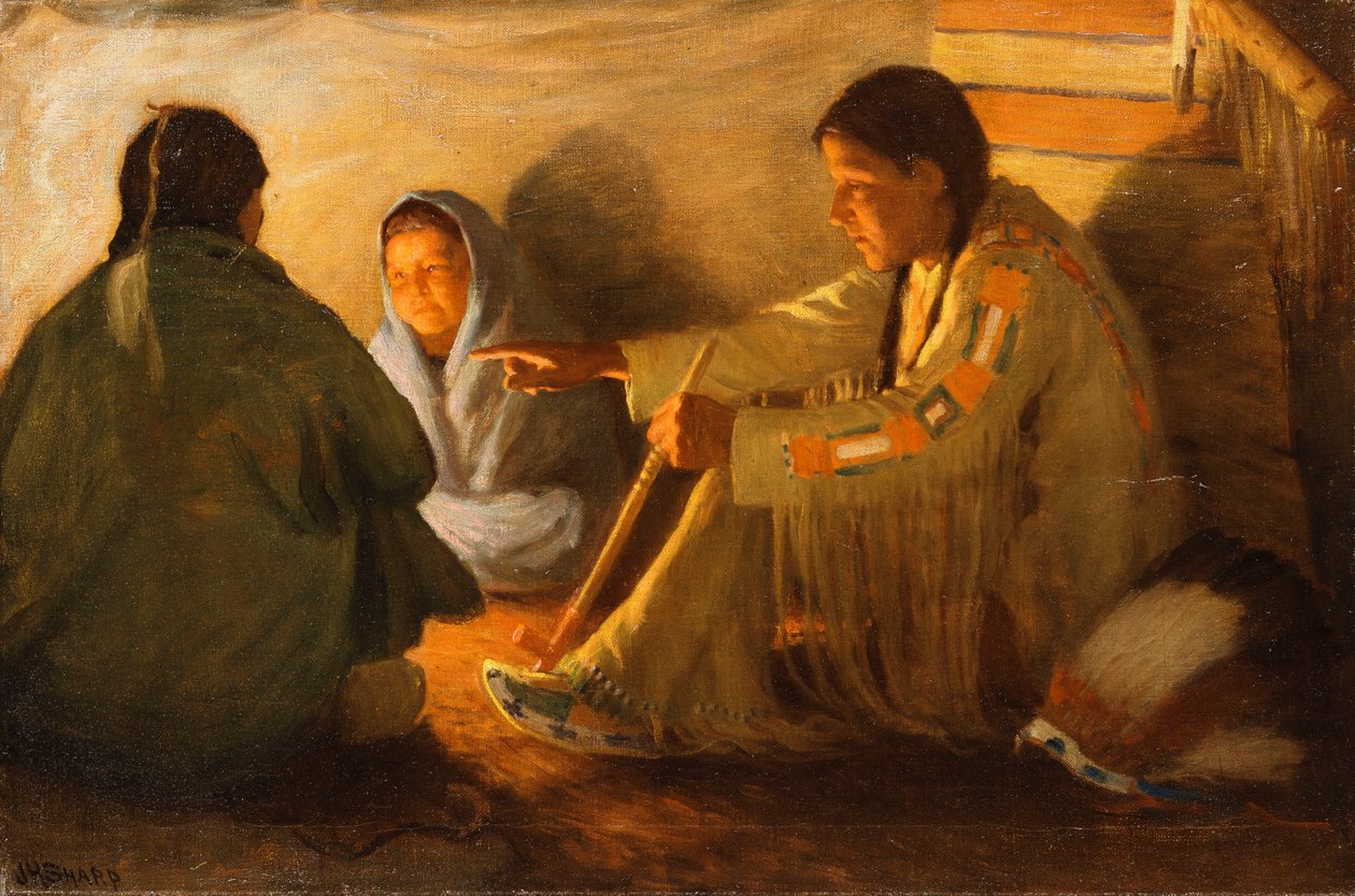 Indianen bij het vuur door Joseph Henry Sharp