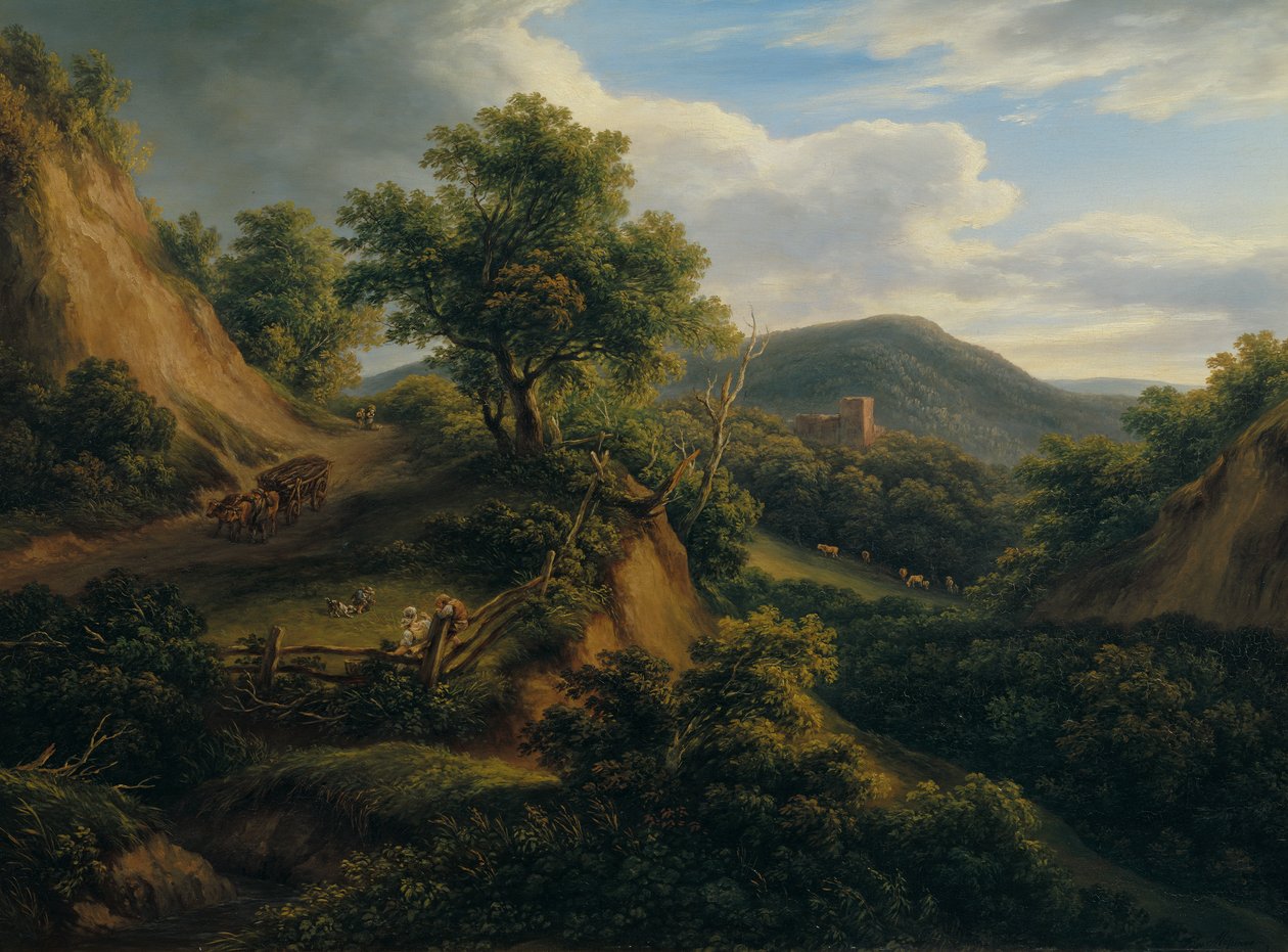 Bosrijk berglandschap met ruïne door Joseph Mössmer