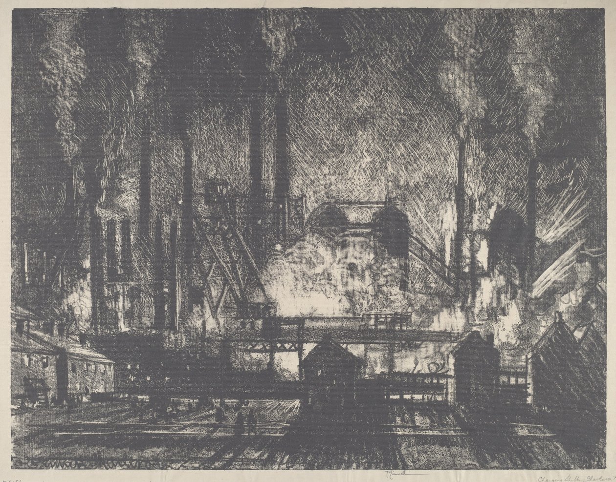Wisseling van diensten, Charleroi, 1911 door Joseph Pennell