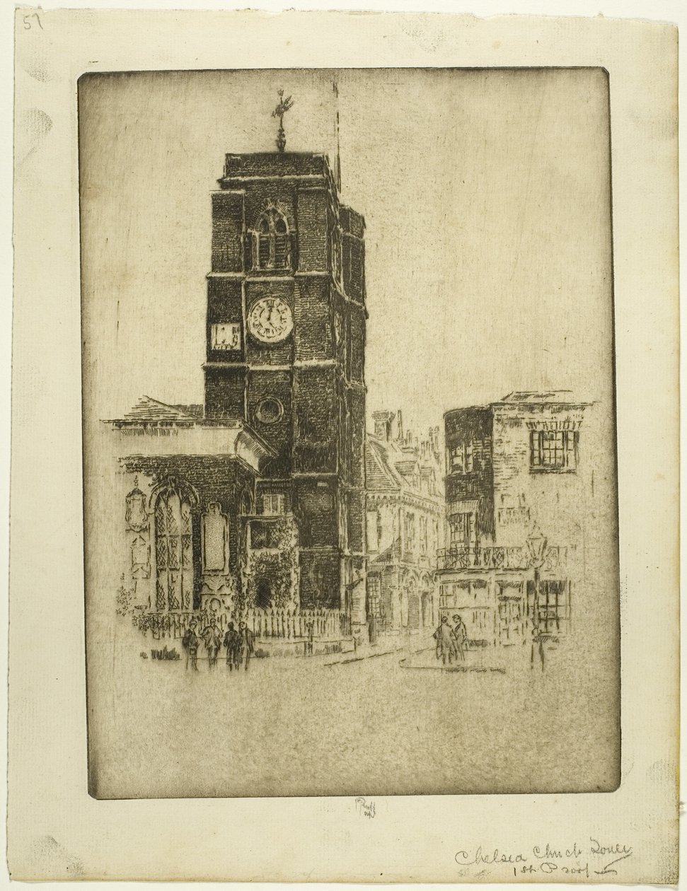 Chelsea kerktoren door Joseph Pennell