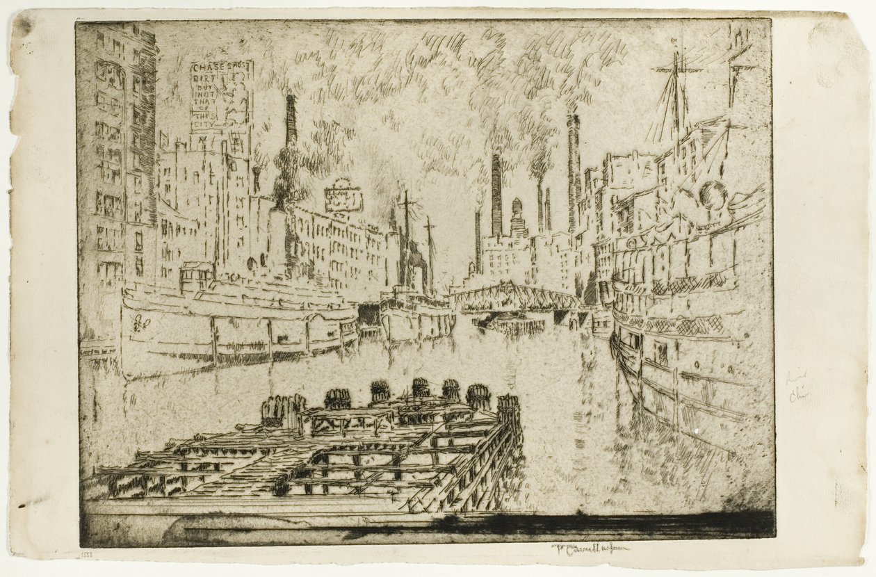 Stoomschepen op het meer, Chicago door Joseph Pennell