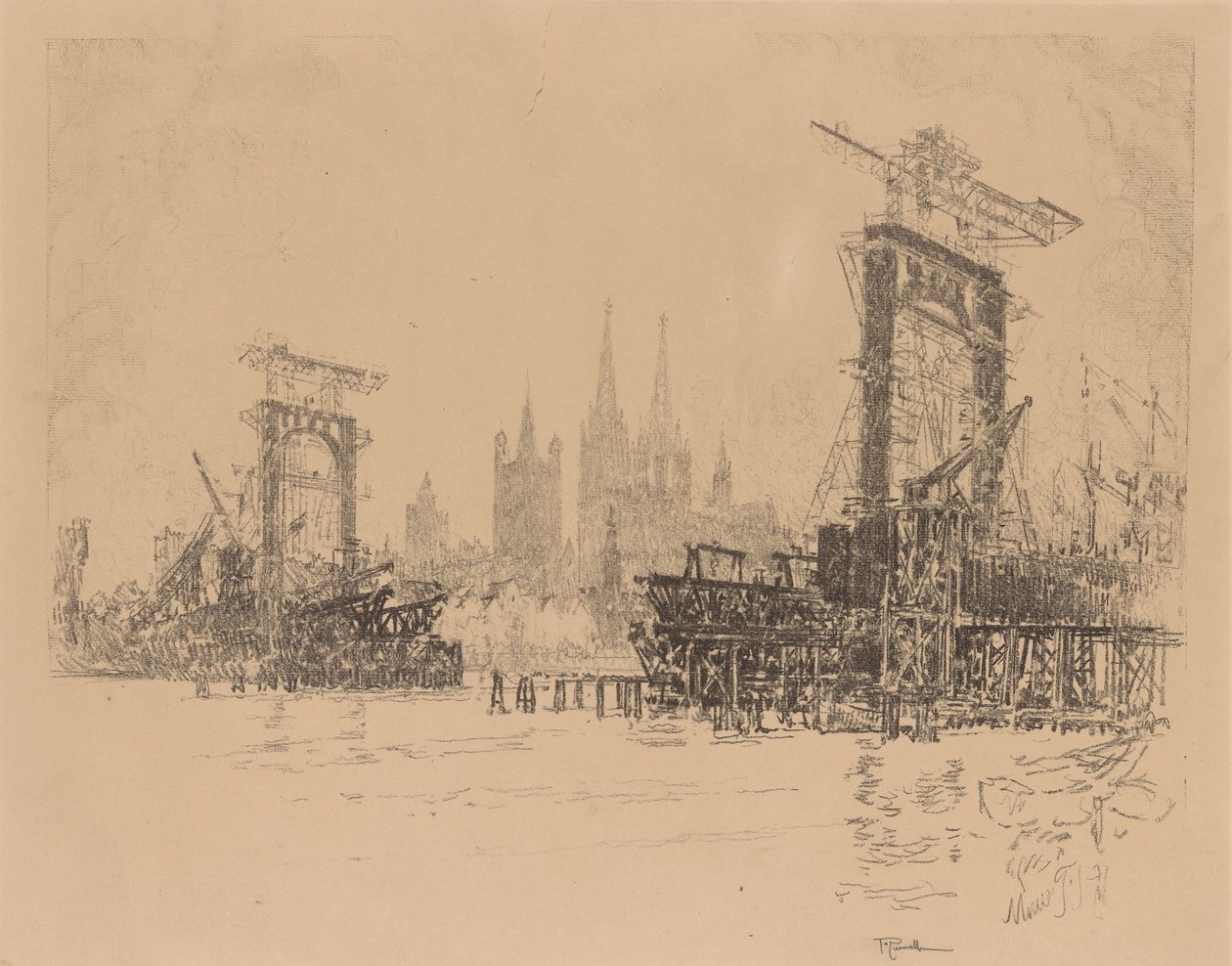 Bouw van de London Bridge door Joseph Pennell
