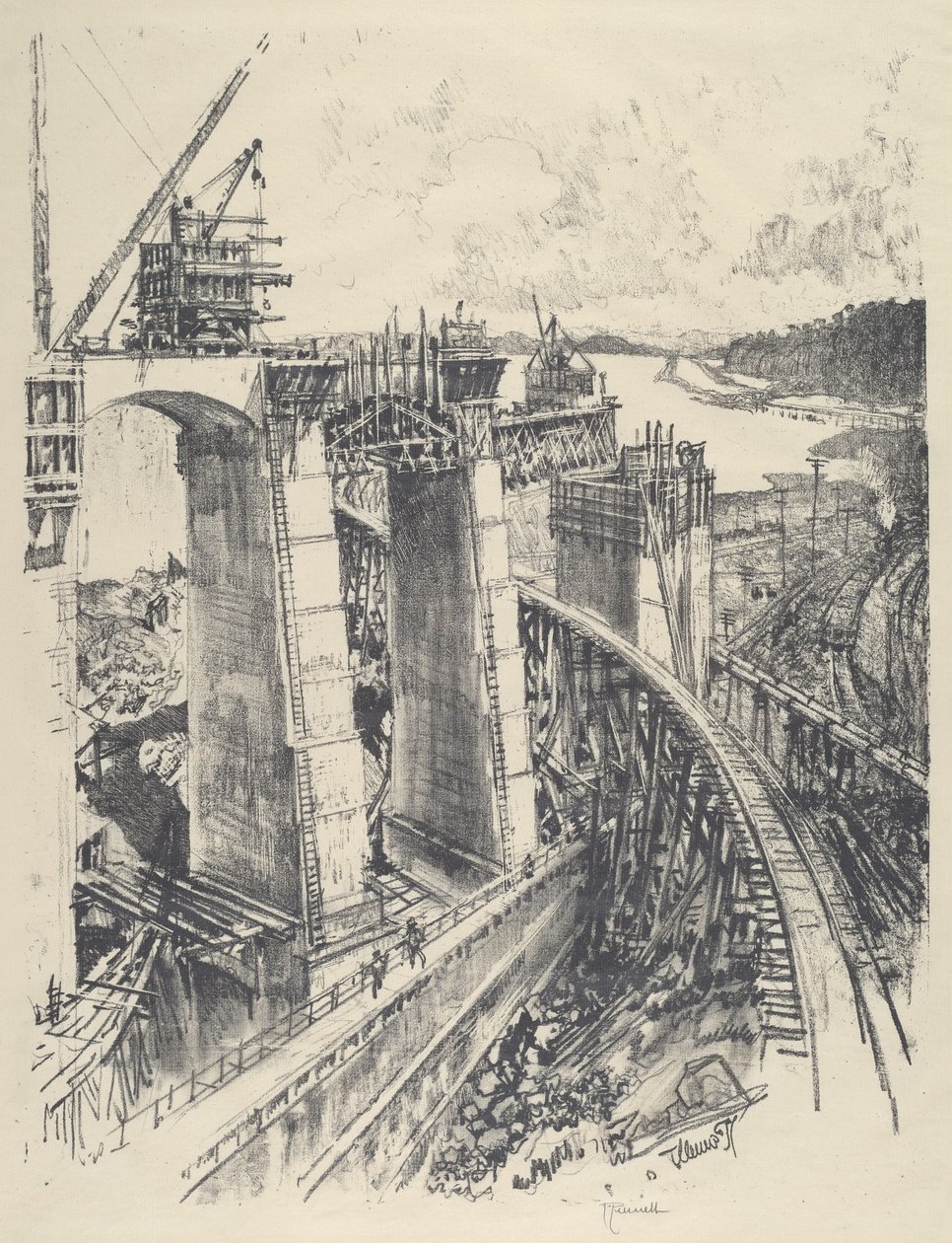 De benadering van Gatun Lock door Joseph Pennell