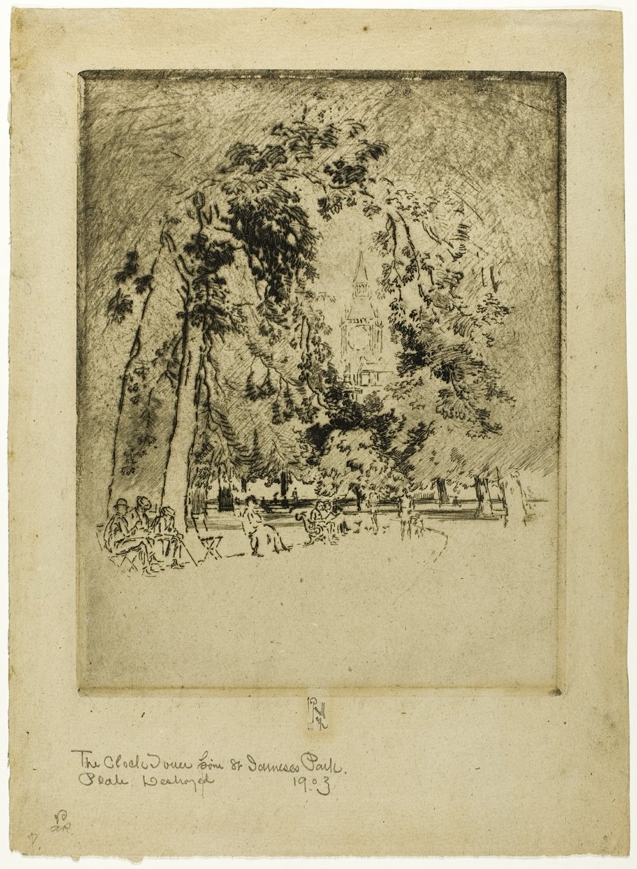 De Klokkentoren, vanuit St. James Park door Joseph Pennell