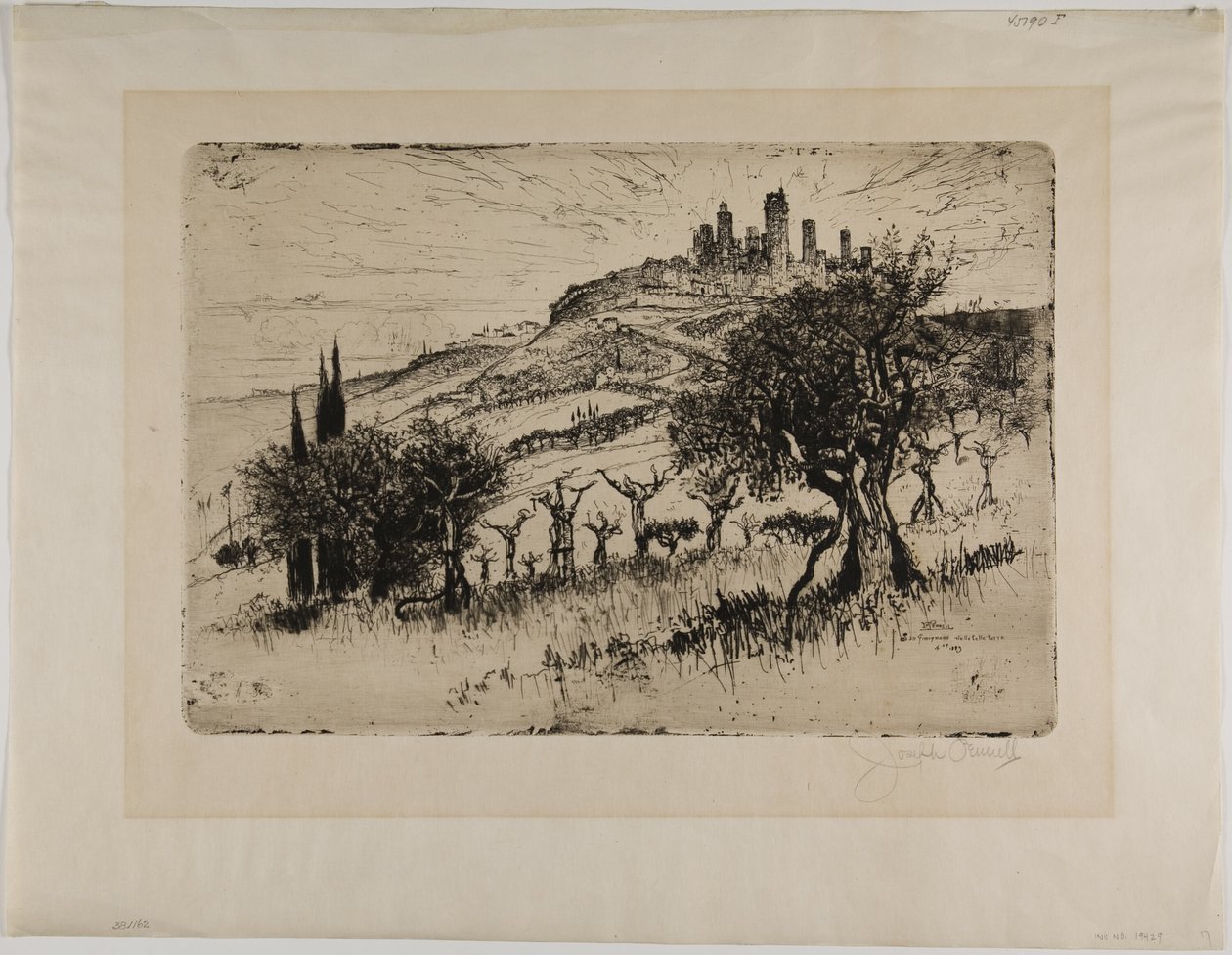 Toren van San Gimignano, buiten de muren door Joseph Pennell