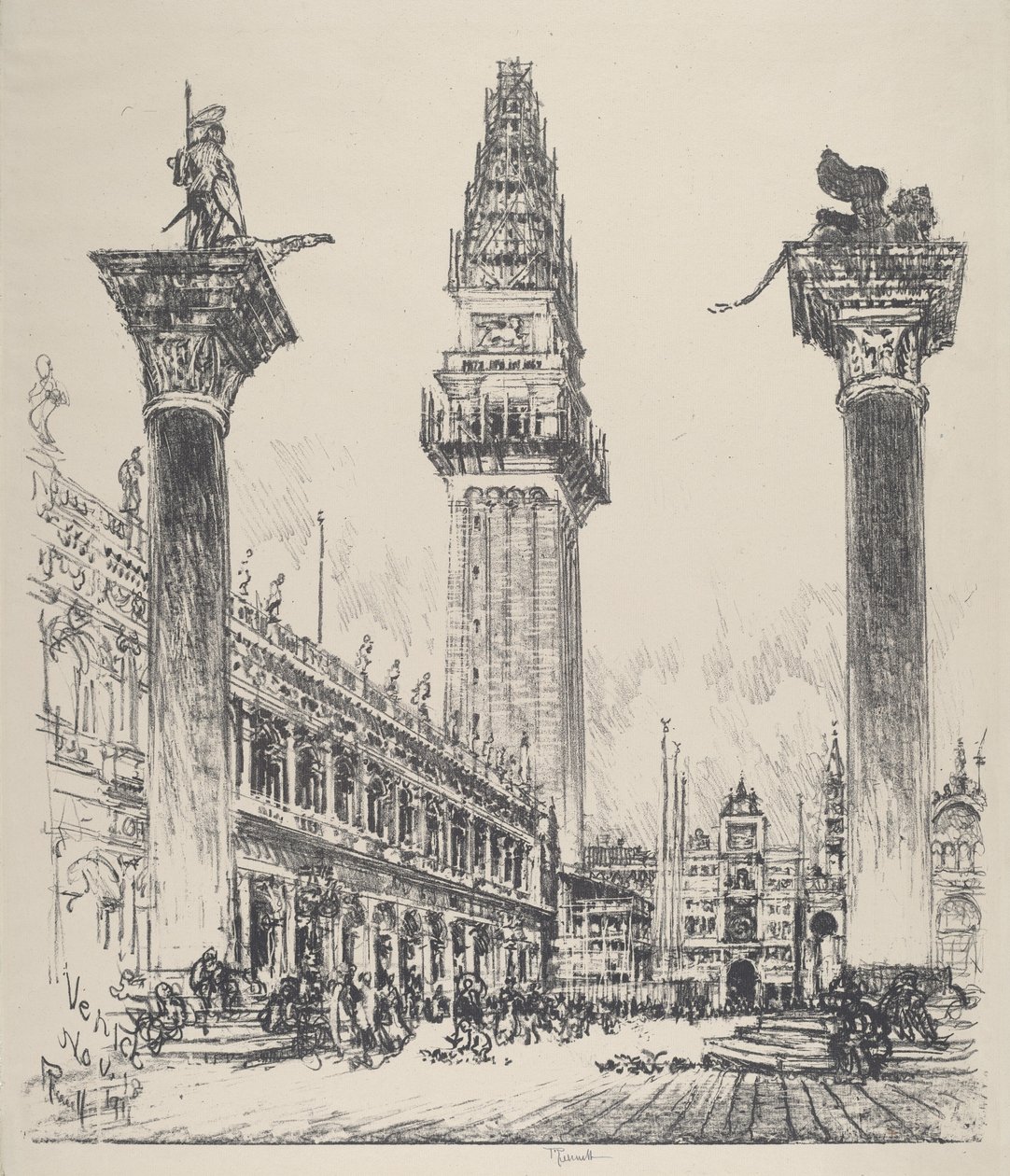 Venetië, Herbouw van de Campanile, 1911 door Joseph Pennell