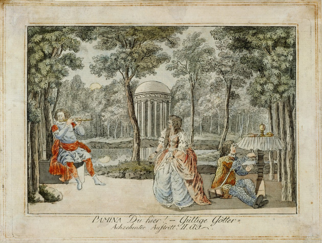 Tamino, Pamina en Papageno ... (gravure) door Joseph Schaffer