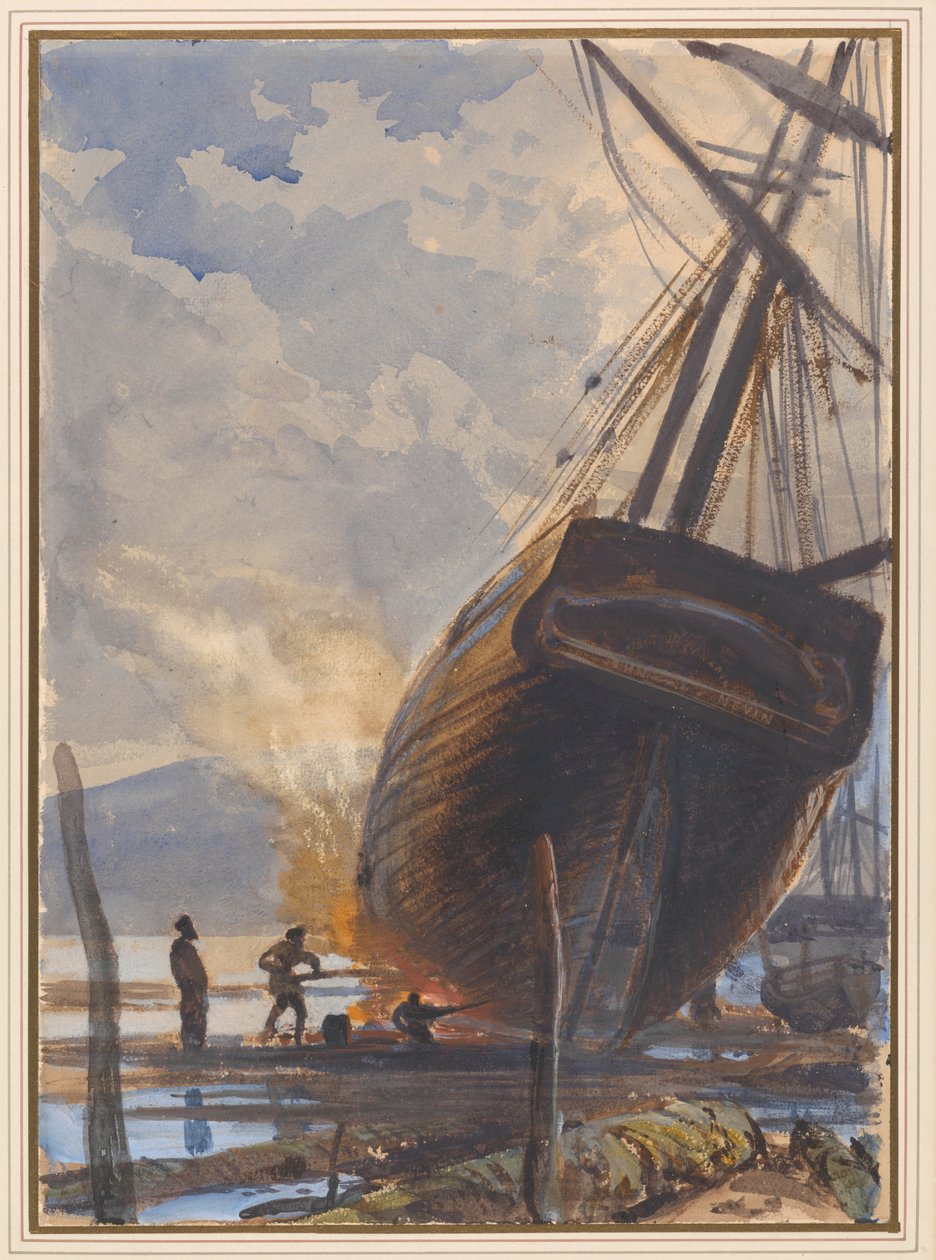 Het breeuwen van de schoener, Falmouth Harbour door Joseph Severn