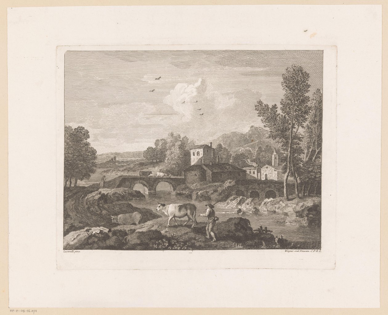 Rivierlandschap met herder en koeien op brug door Joseph Wagner