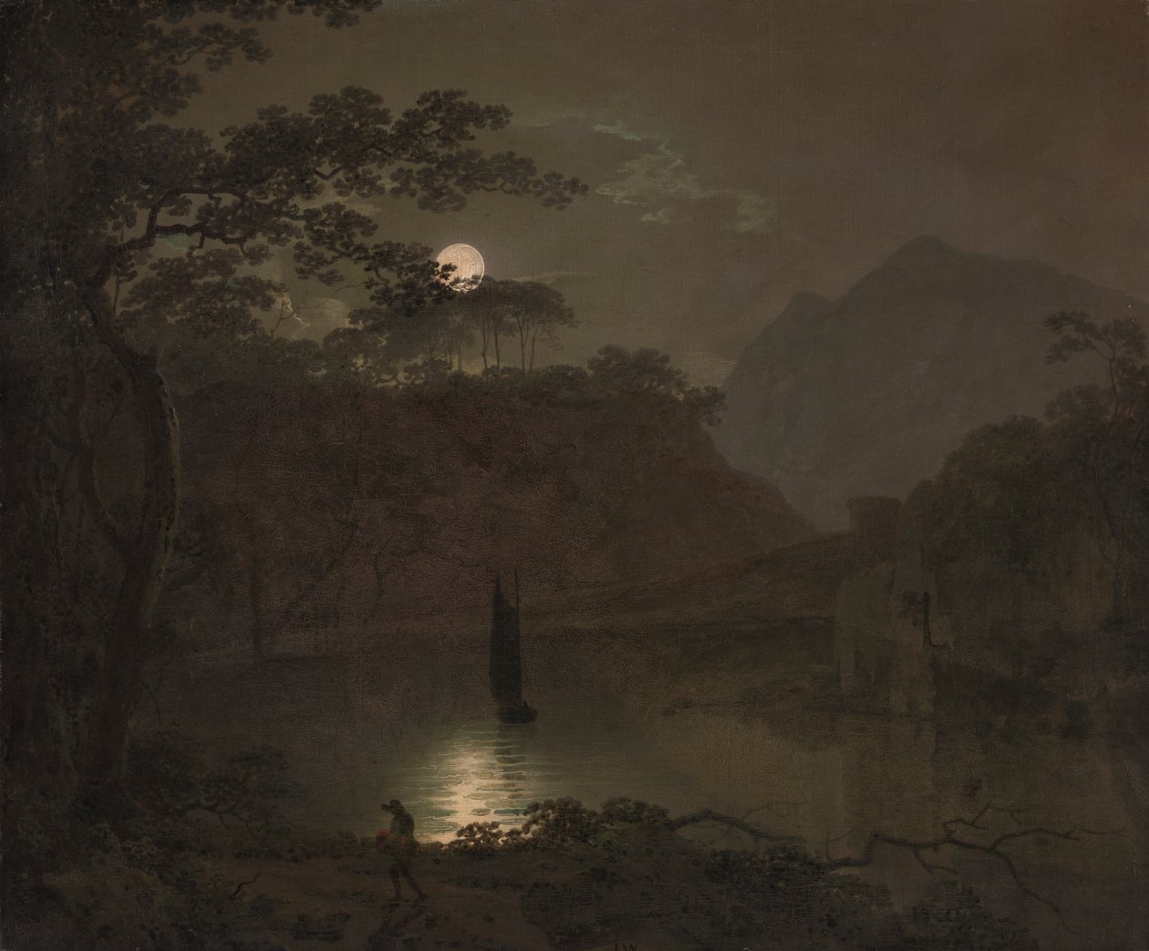 Een meer bij maanlicht door Joseph Wright of Derby