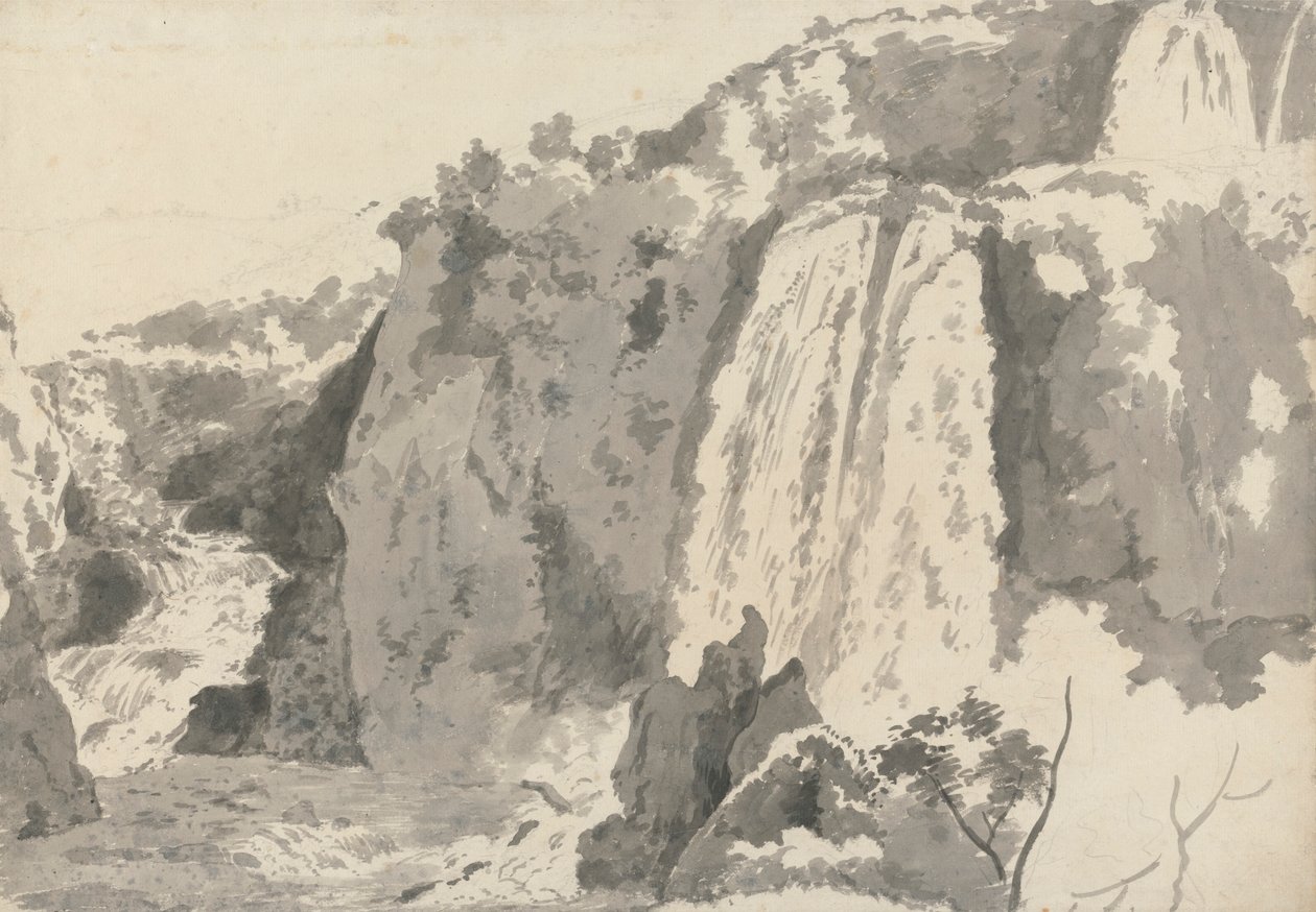 Rotsachtig landschap met watervallen door Joseph Wright of Derby