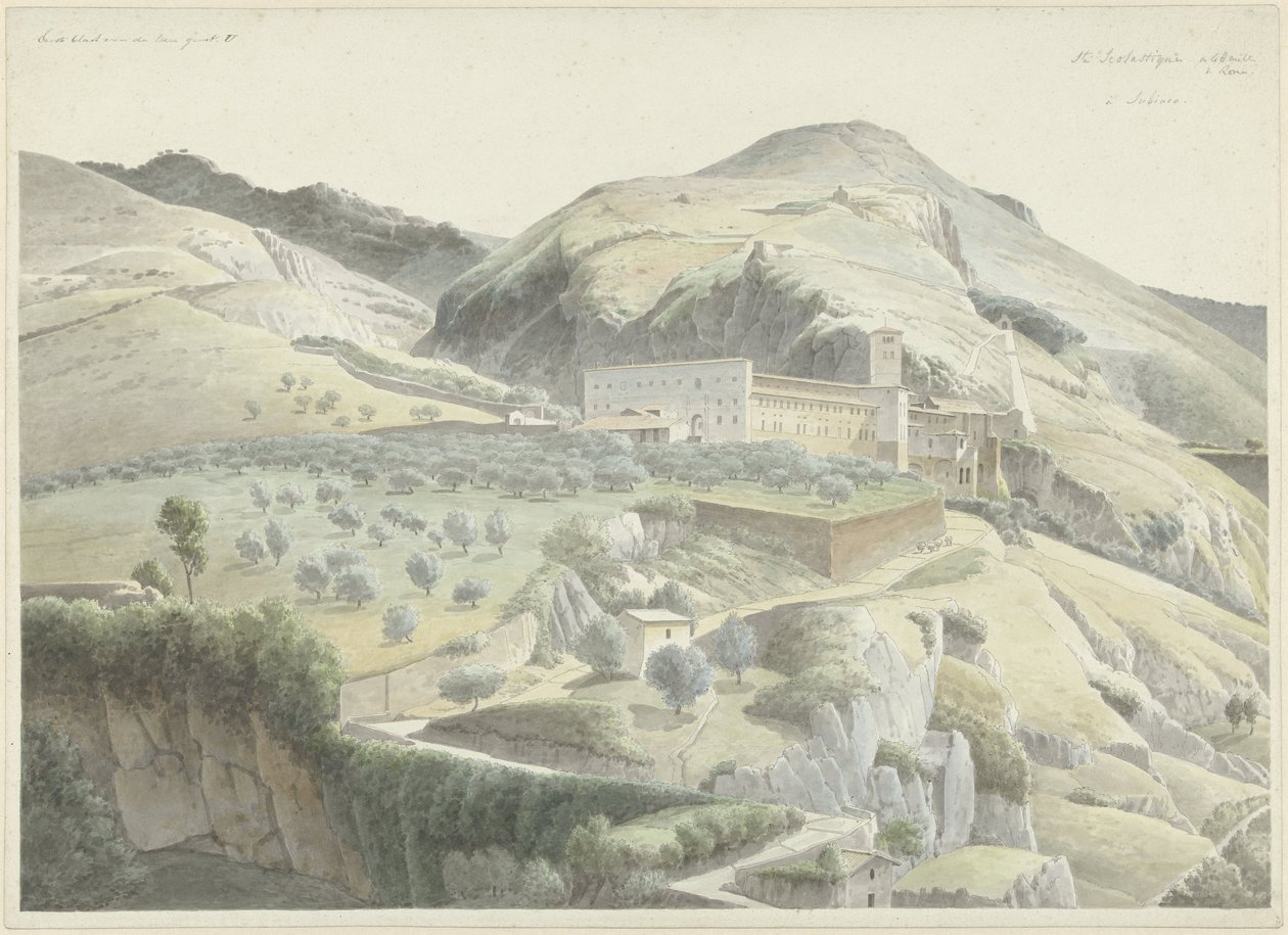 Landschap met klooster bij Subiaco door Josephus Augustus Knip