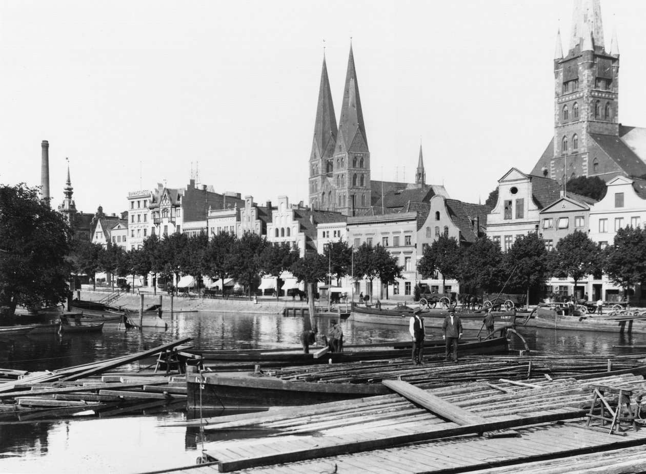 Hout verkopen op de rivier de Trave, Lübeck, ca. 1910 door Jousset