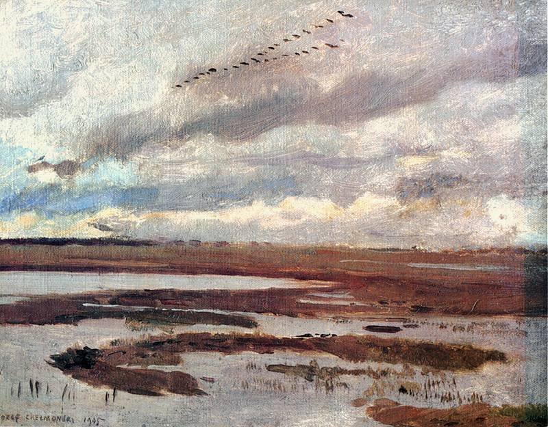 Kraanvogels, landschap vanuit de weide door Jozef Marian Chemonski