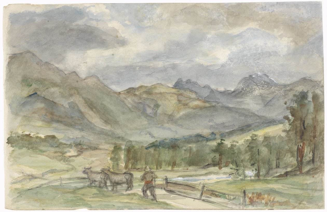 Berglandschap met veehoeder en twee koeien door Jozef Israëls