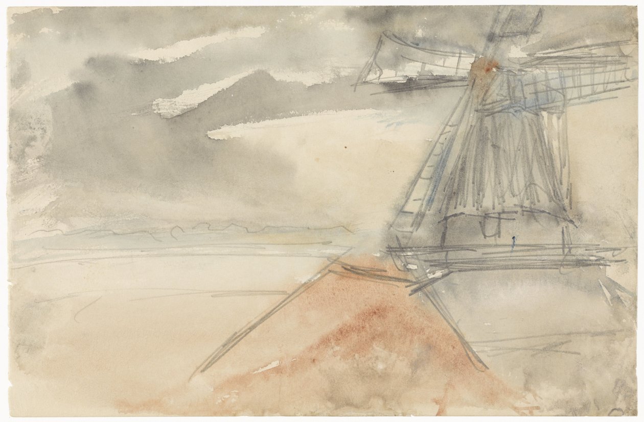 Molen bij bewogen lucht door Jozef Israëls