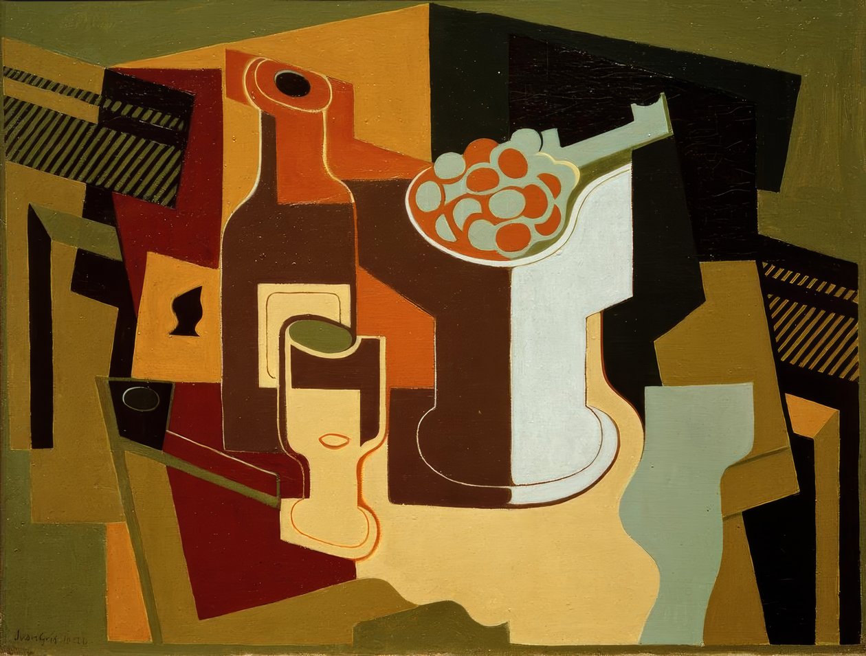 Fles en fruitschaal door Juan Gris