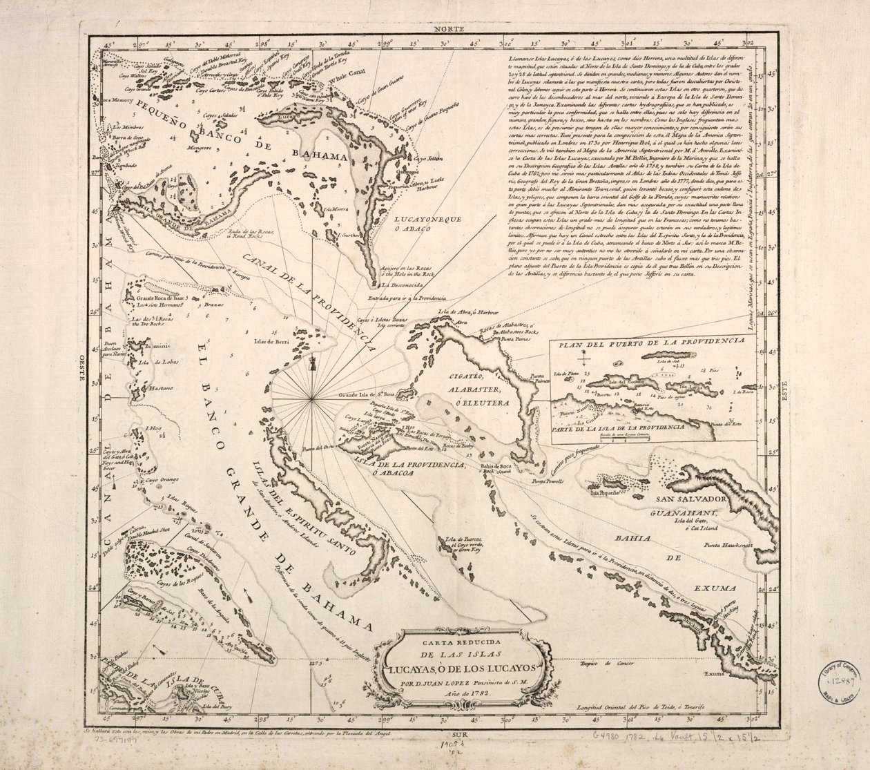 Carta reducida de las islas Lucayas, ò de los Lucayos door Juan López