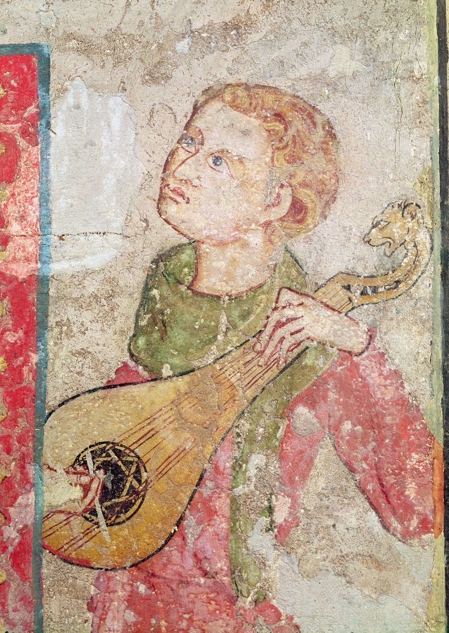 De vrouwelijke heiligen bij het graf en de opstanding, detail van de Mandore-speler door Juan Oliver