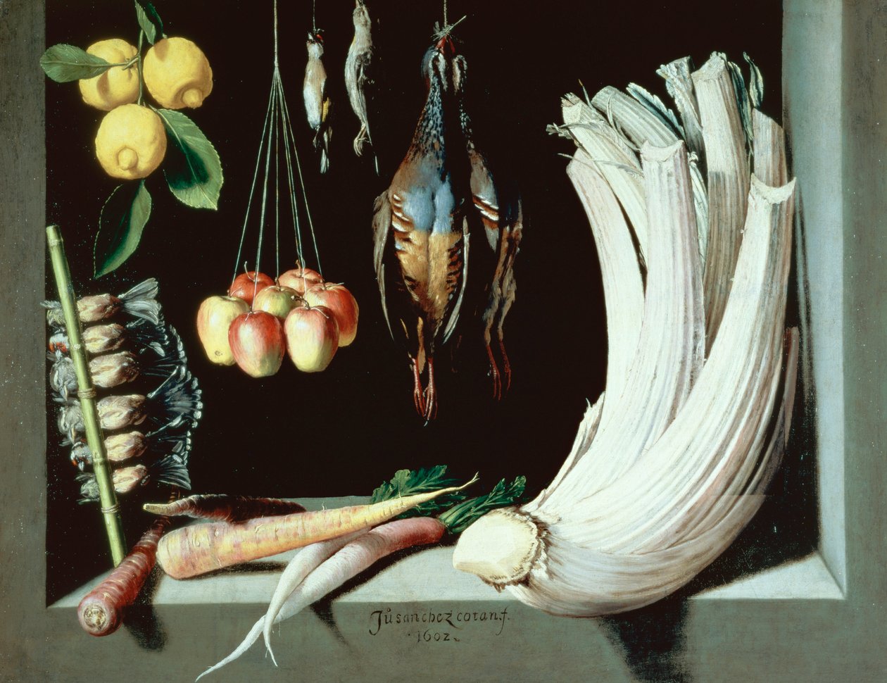 Stilleven met dode vogels, fruit en groenten, 1602 door Juan Sanchez Cotan