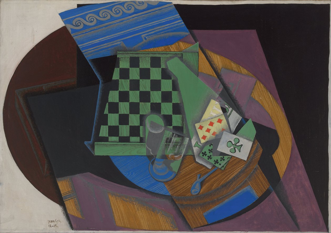Dambord en speelkaarten, 1915 door Juan Gris