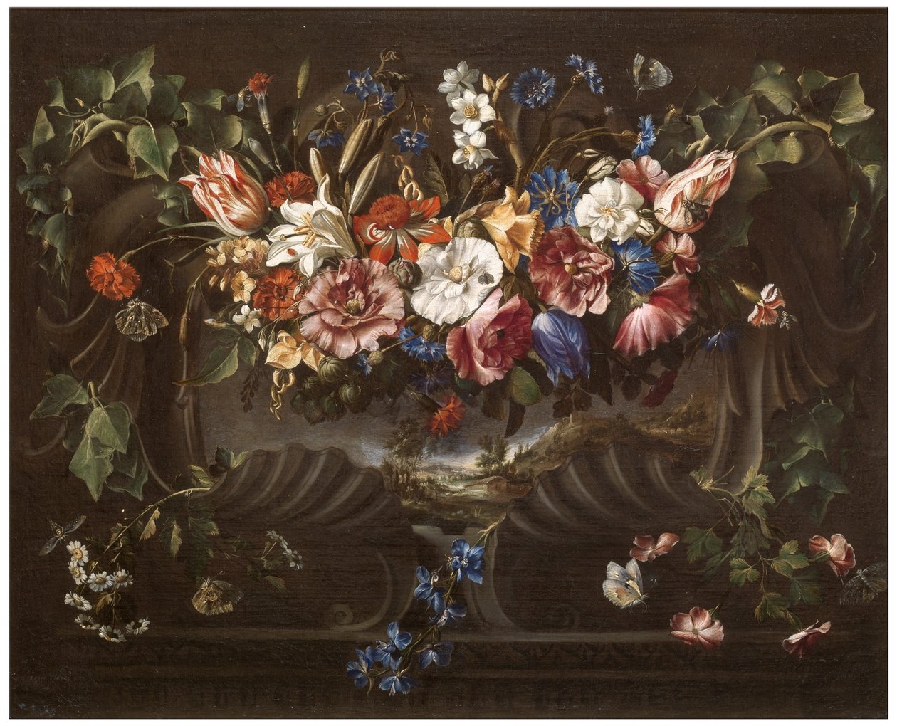 Bloemenkrans met landschap door Juan de Arellano