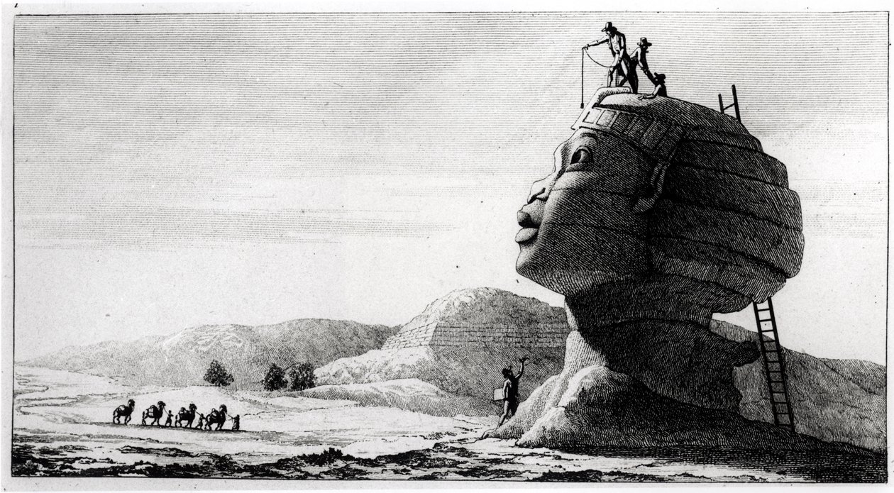 De Fransen meten de sfinx, uit Voyage en Egypte door Dominique Vivant Denon, gegraveerd door Deparc, 1802 door Jules Alfred Vincent Rigo
