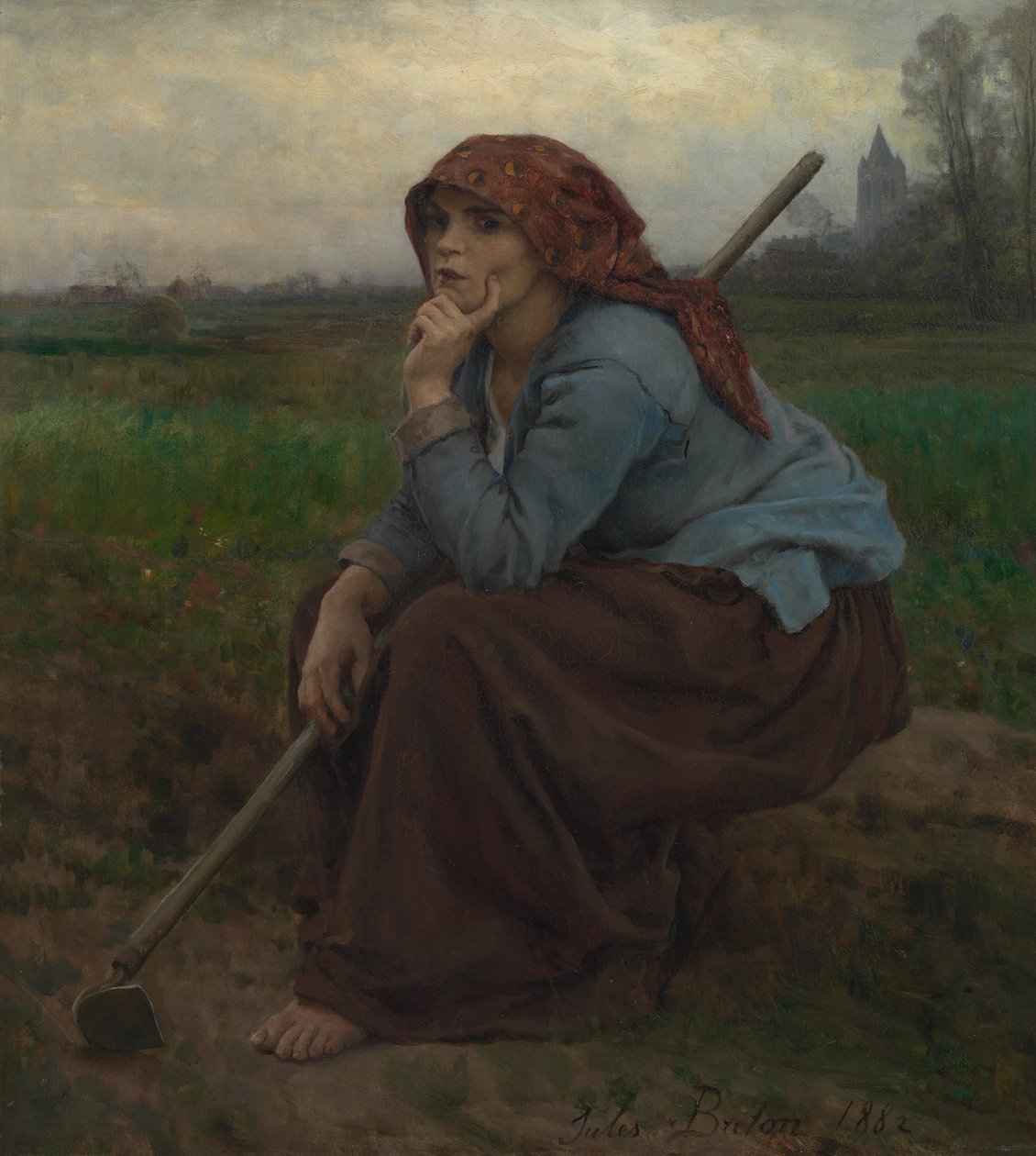 Jonge boerin met een hooivork door Jules Breton