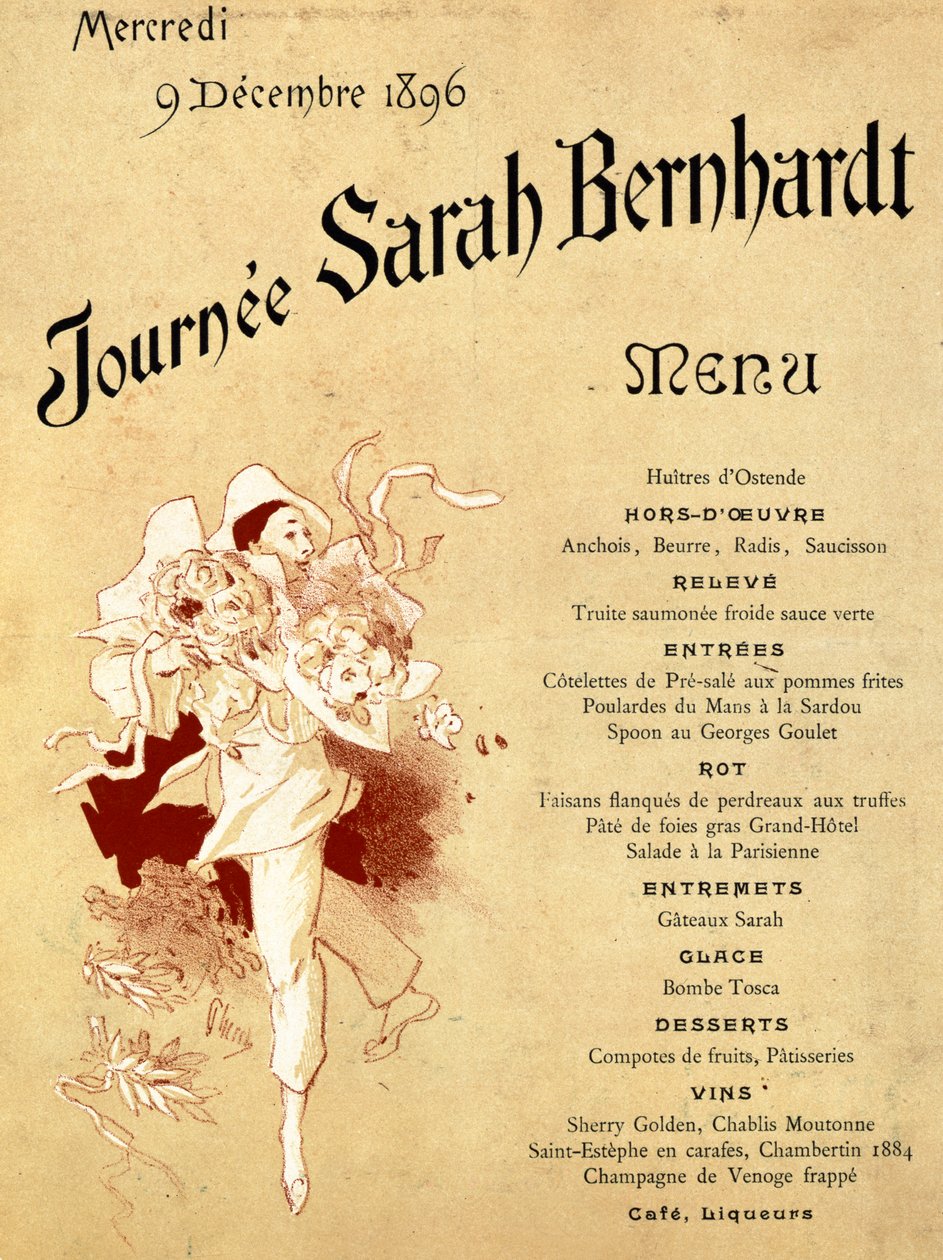 Mercredi 9 decembre 1896, Journee Sarah Bernhardt, Menu Card, 1896 door Jules Cheret