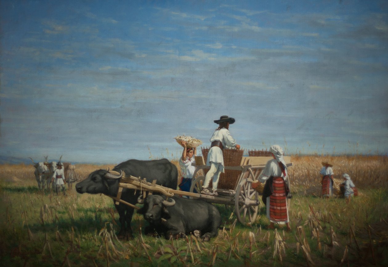 Maïsoogst in Transsylvanië door Jules Jacques Jacot Guillarmod