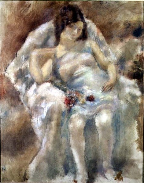 Jonge vrouw zittend met bloemen door Jules Pascin