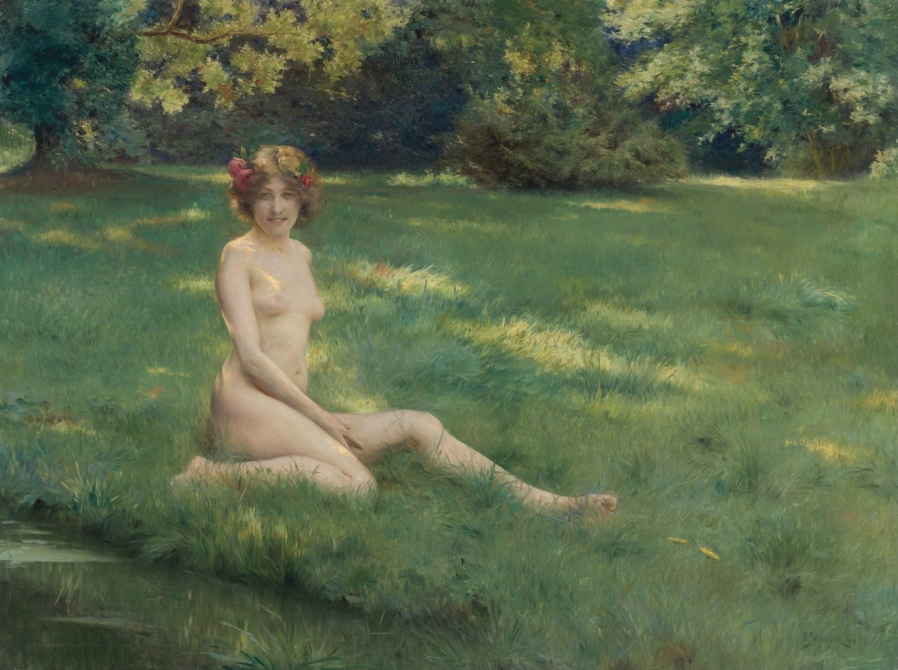Een naakt op het gazon La Rieuse door Julius Leblanc Stewart