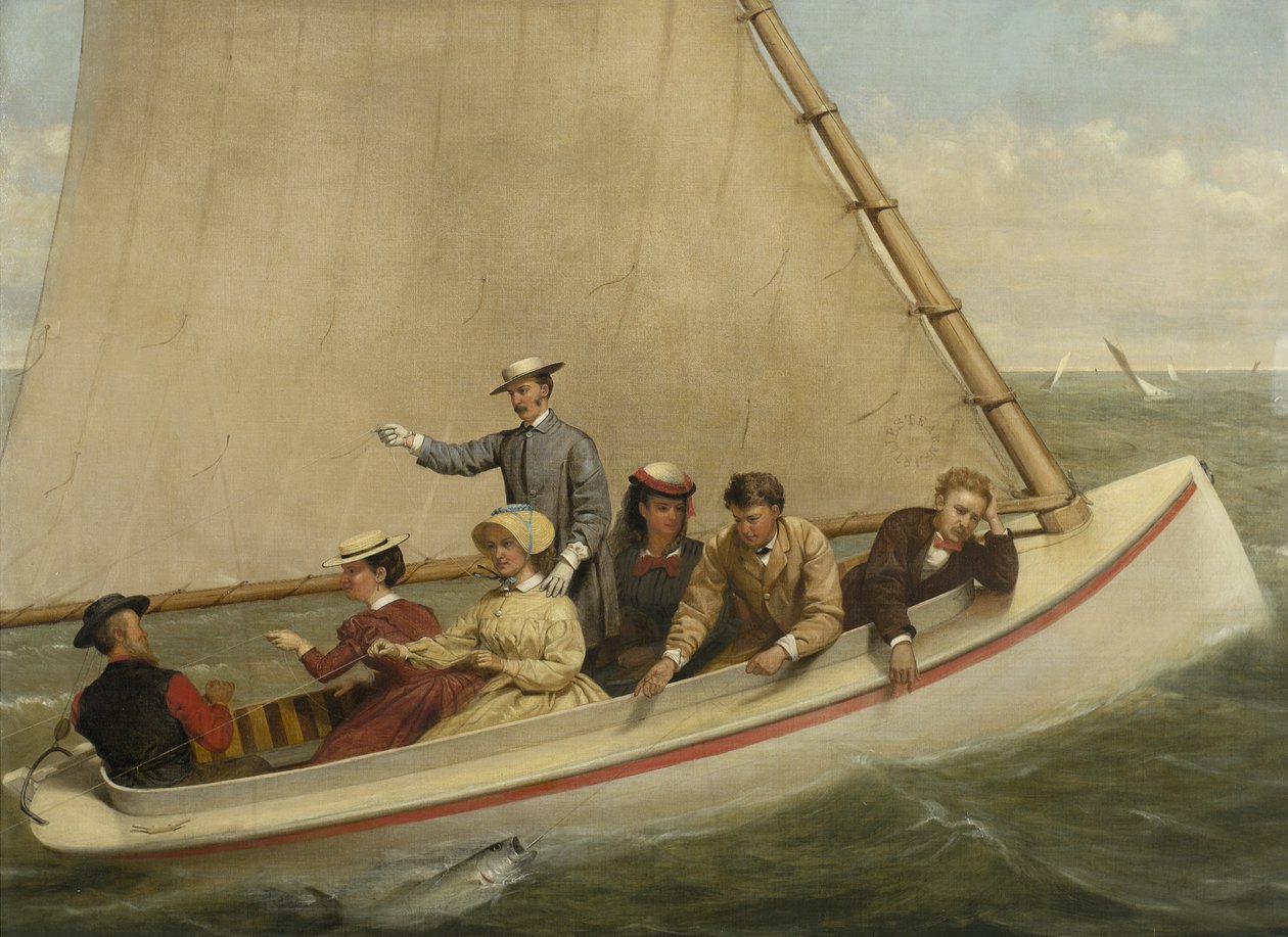 Vissen in een catboot in Great South Bay, 1871 door Junius Brutus Stearns