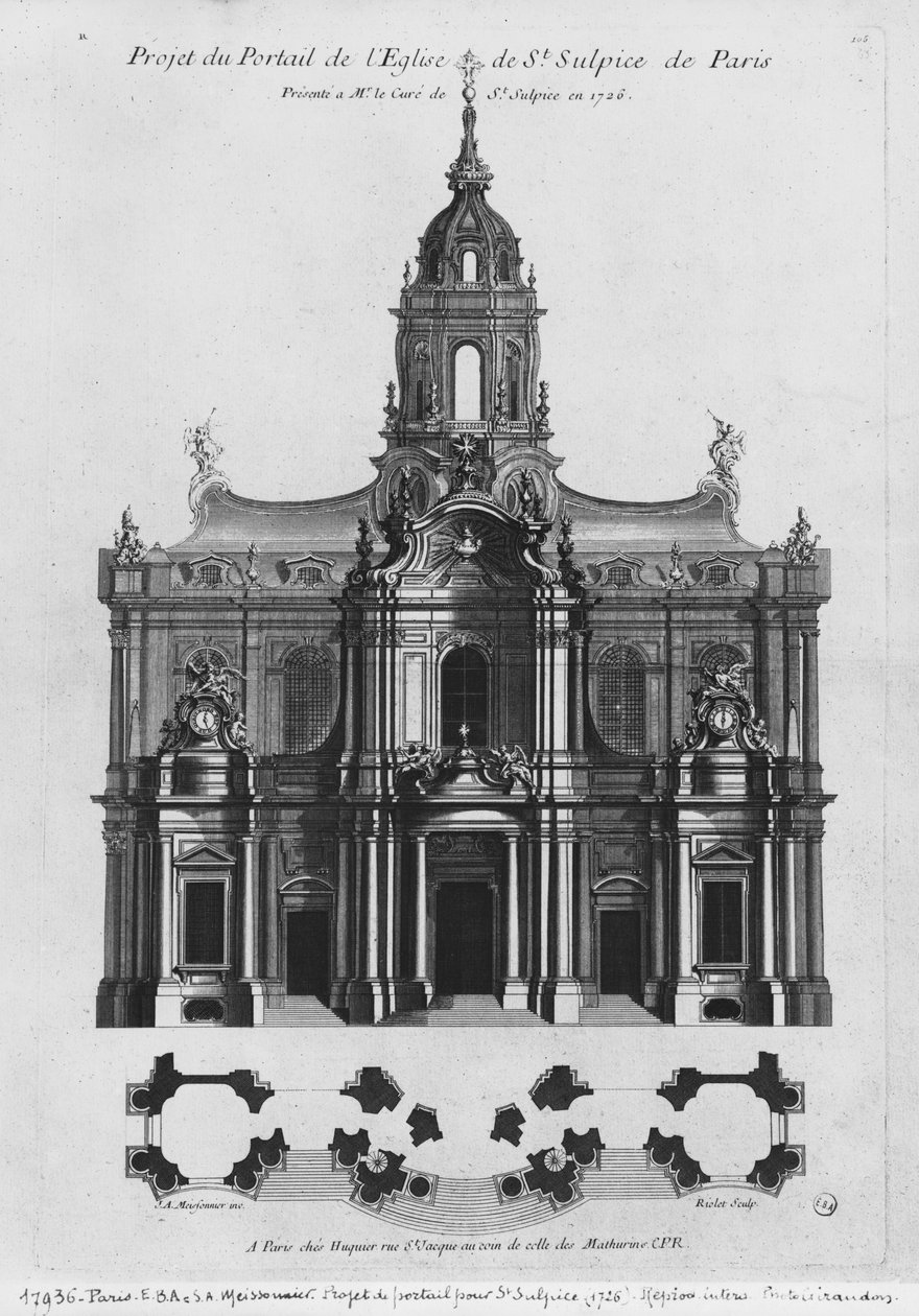 Project voor de kerk van Saint-Sulpice, gevelaanzicht, Parijs, gegraveerd door Riolet, 1726 door Justin Aurele Meissonier