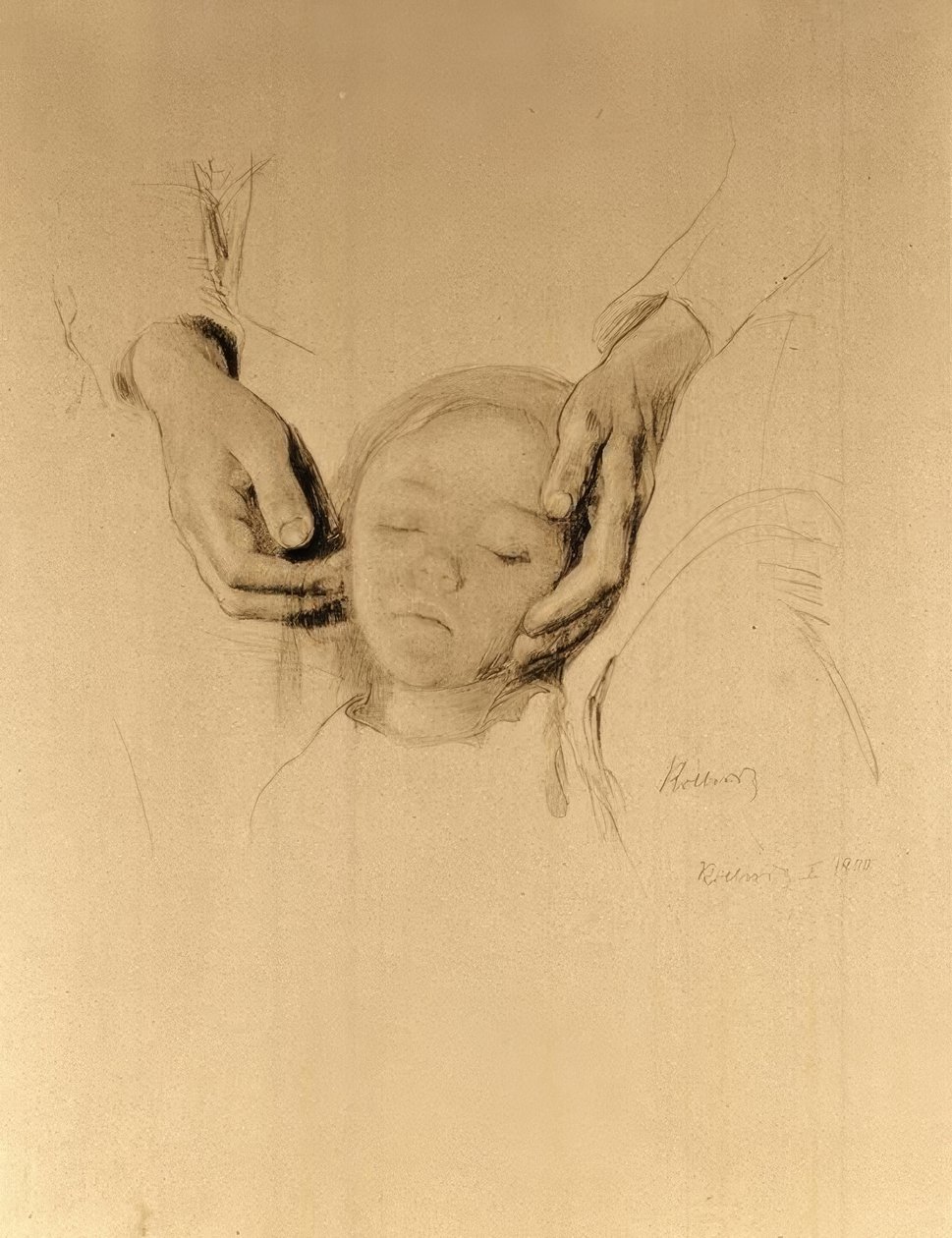 K. Kollwitz, Hoofd van een kind in handen door Käthe Kollwitz