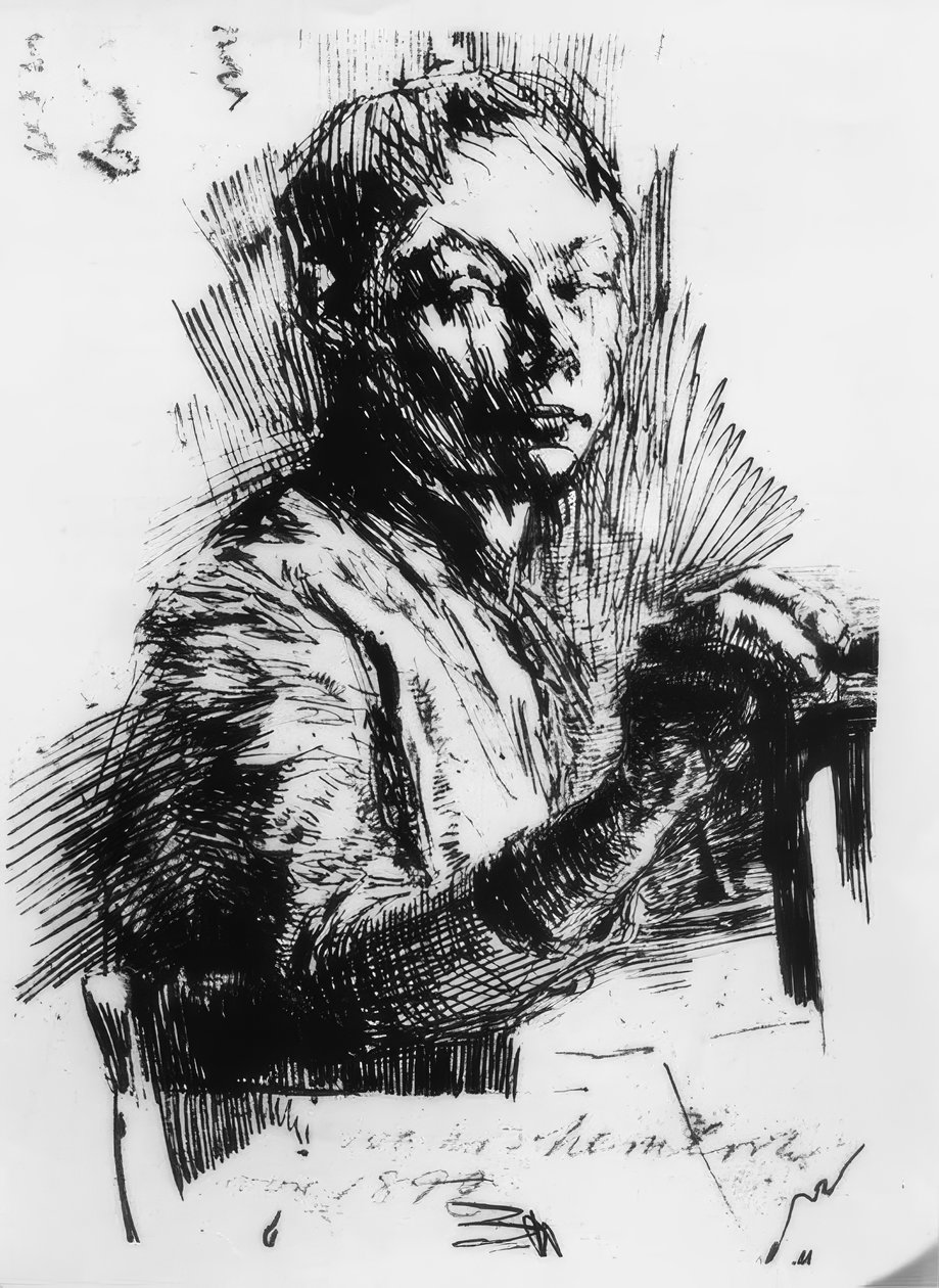 Käthe Kollwitz, zelfportret, tekenend door Käthe Kollwitz