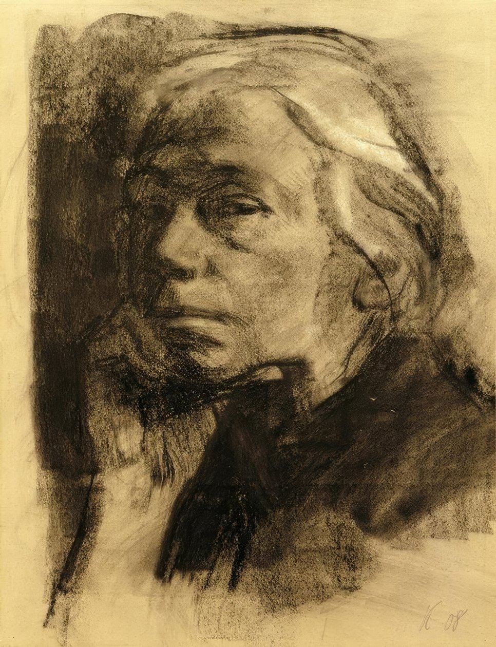 Zelfportret in driekwart profiel naar links door Käthe Kollwitz