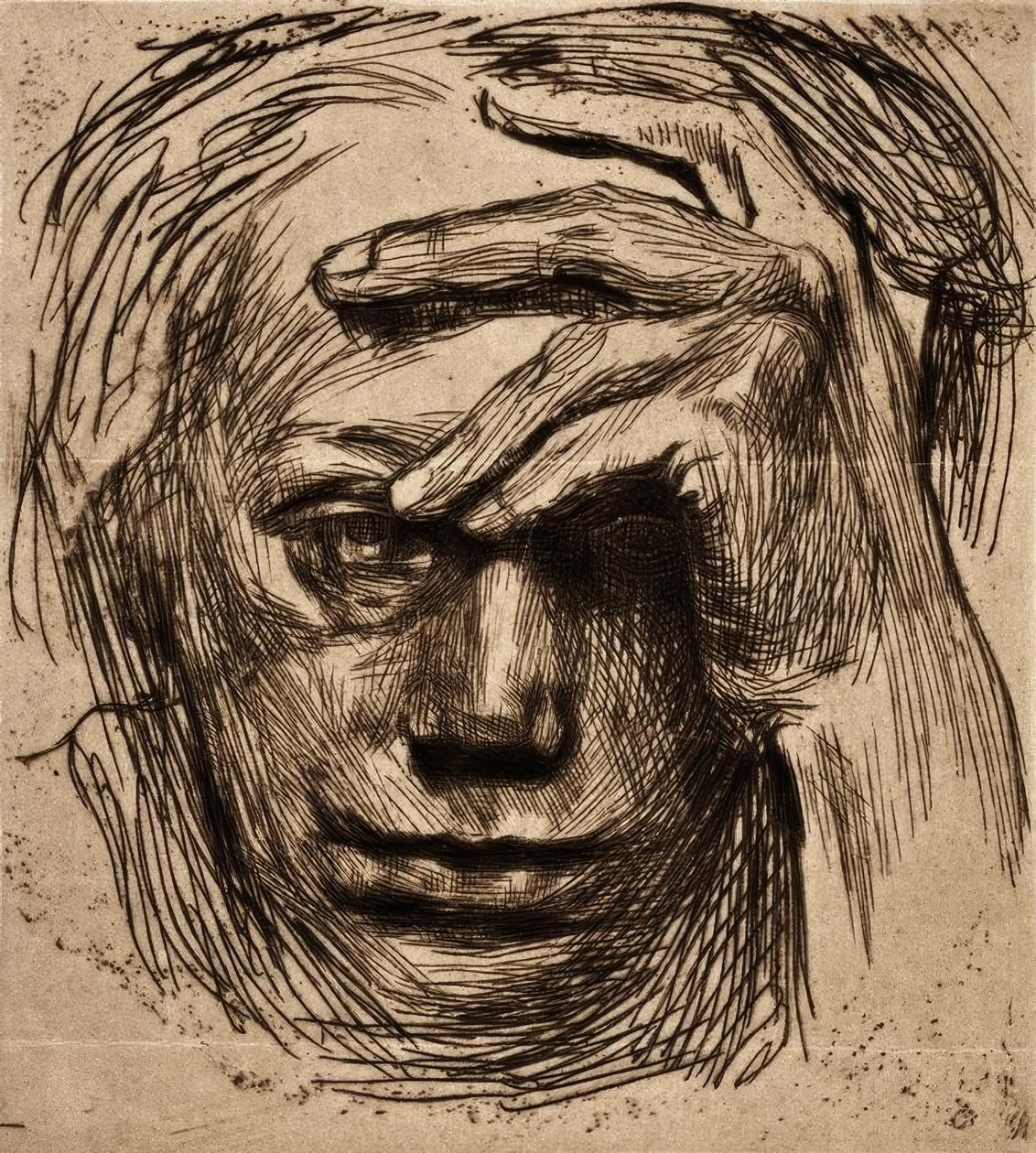 Zelfportret met hand aan het voorhoofd door Käthe Kollwitz