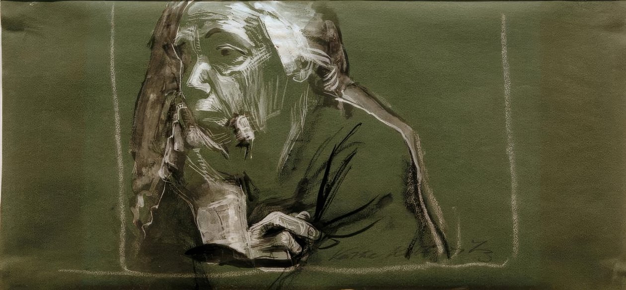 Zelfportret naar links met hand aan de kin door Käthe Kollwitz