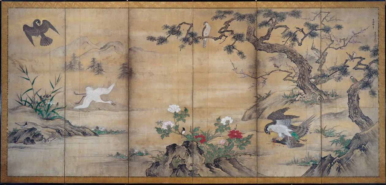 Vogels, Bomen en Bloemen, late 1500s door Kano Mitsunobu