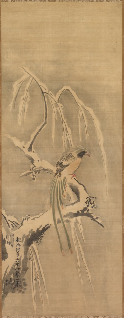 Chinese vogel op met sneeuw beladen tak door Kanō Tan’yū