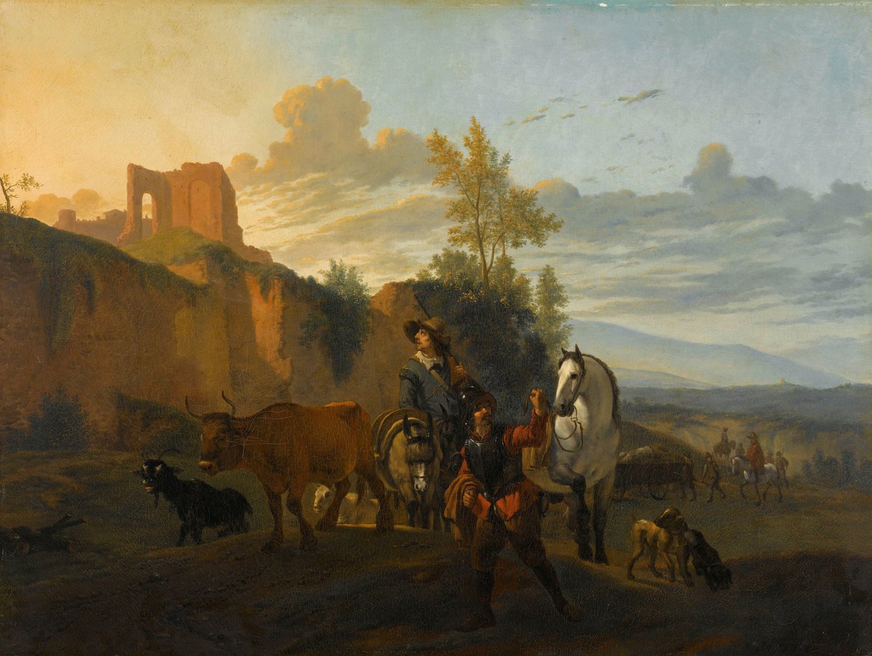 Italiaans Landschap met Soldaten door Karel du Jardin (copy after)