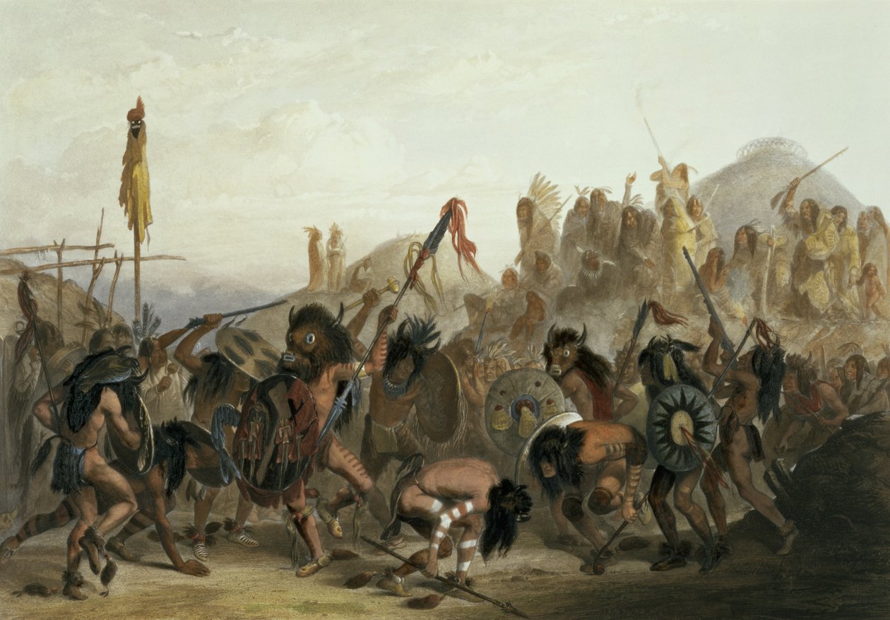 Bison-dans van de Mandan-indianen voor hun medicijnhut in Mih-Tutta-Hankush, plaat 18 uit Volume 2 van 