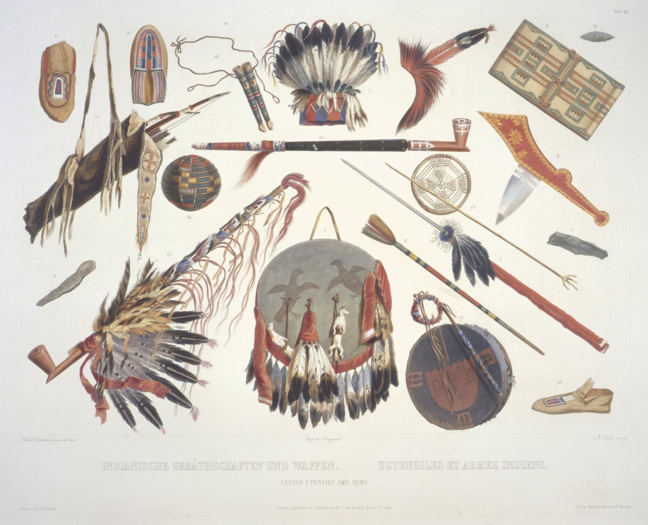 Indiase gebruiksvoorwerpen en wapens, gegraveerd door Du Casse, gepubliceerd in 1841 door Karl Bodmer