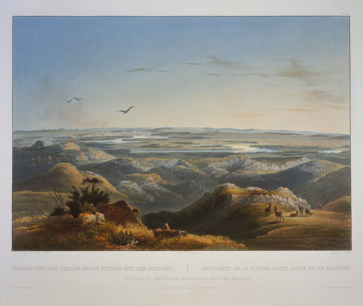 Samenvloeiing van de Yellowstone-rivier met de Missouri door Karl Bodmer