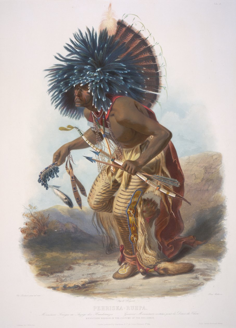 Moennitarri-krijger in het kostuum van de hondendans. Pehriska-Ruhpa door Karl Bodmer