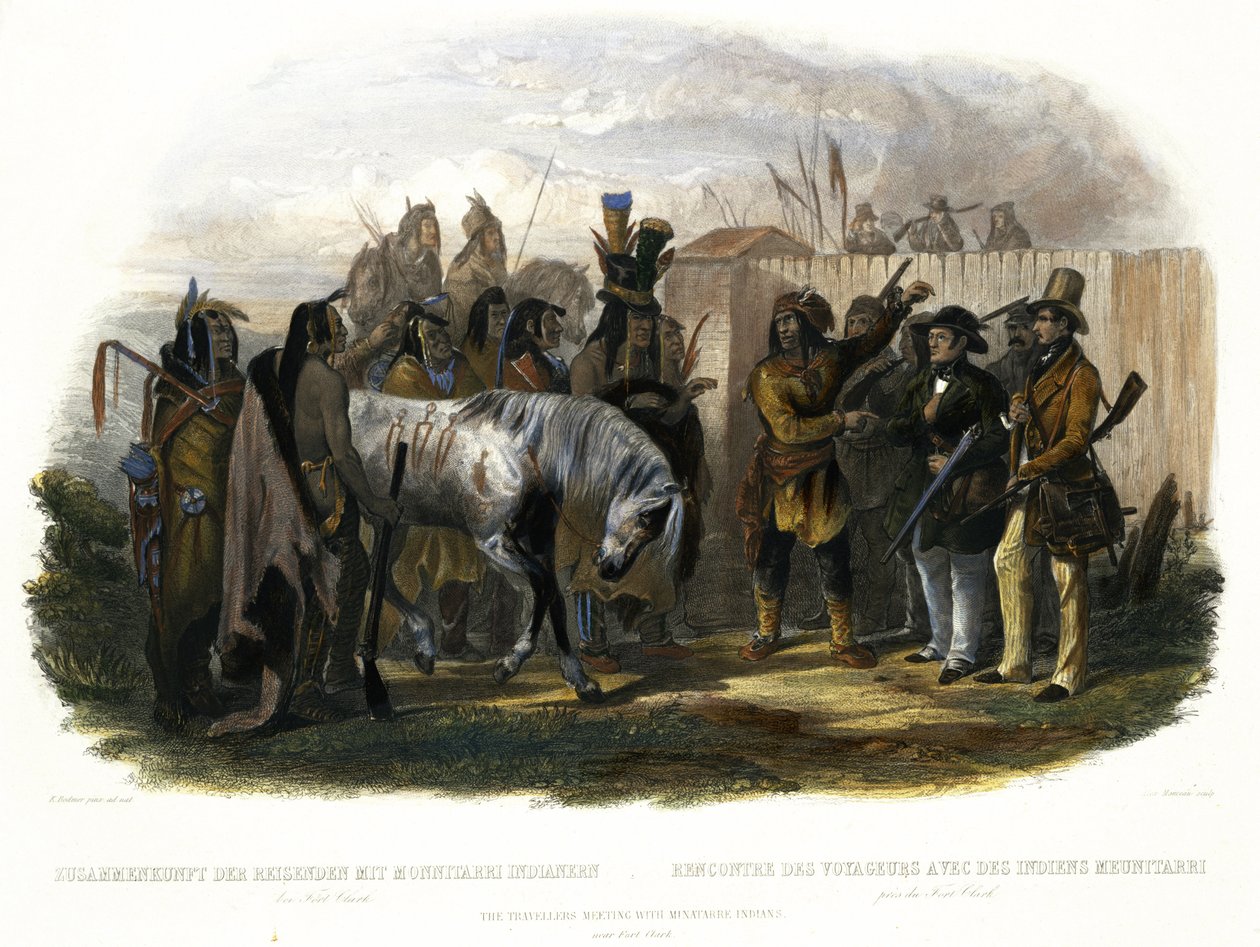 De Reizigers ontmoeten Minatarre Indianen bij Fort Clark, plaat 26 uit Volume 1 van 