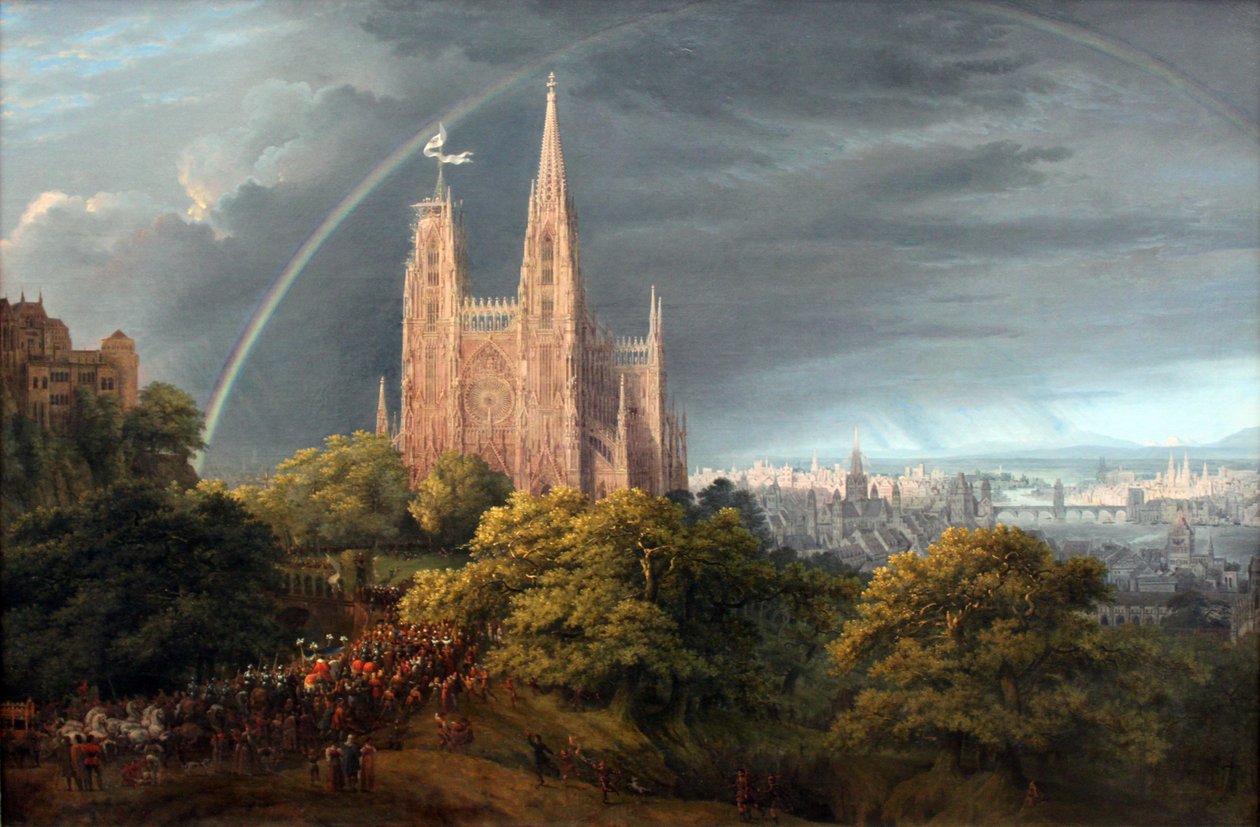 Middeleeuwse stad aan een rivier door Karl Friedrich Schinkel